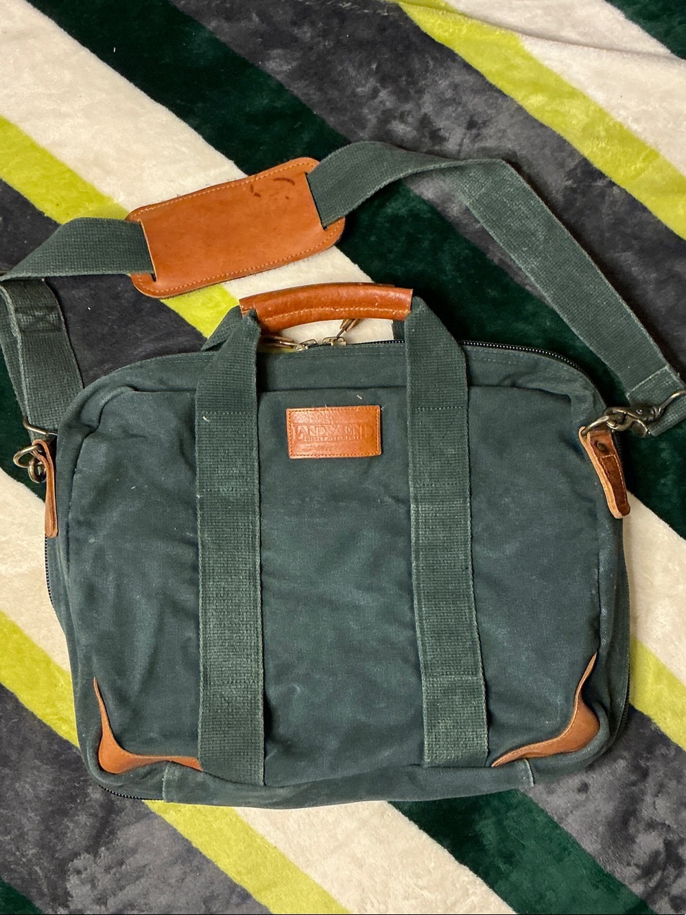 Lands' End Dark Green Canvas Laptop Bag with Brown Leather Trim